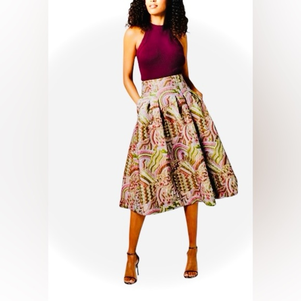 Etcetera Pink, Green & Cream Patterned A-Line Midi Skirt
